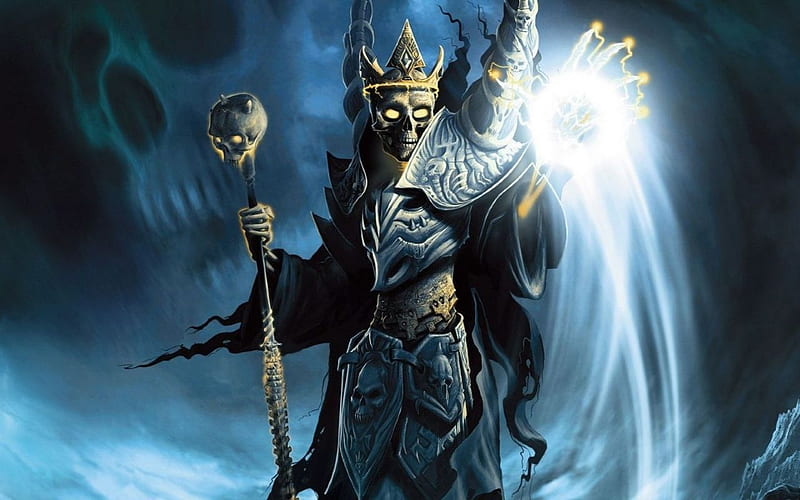 skeleton wizard, staff, shields, crown, yellow eyes, skull, HD wallpaper