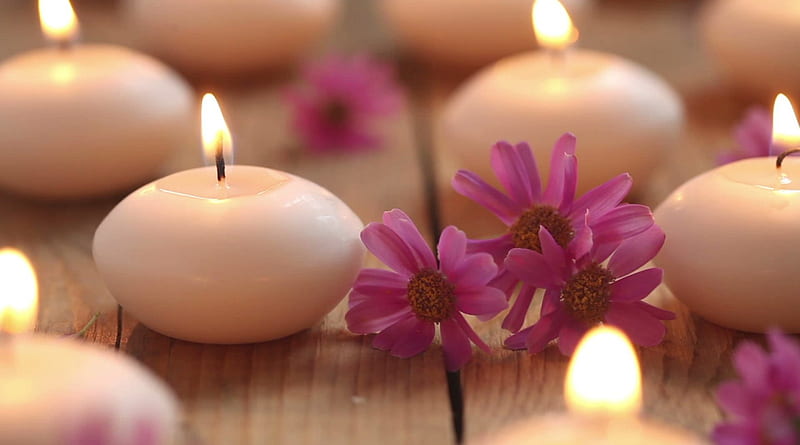 Romantic Ambience, floor, romantic, flowers, delicate, pink, wooden, candles, light, HD wallpaper