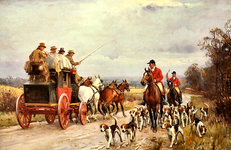 A Hunt Passing a Coach, art, equine, bonito, horse, pets, illustration, artwork, canine, animal, painting, wide screen, dogs, HD wallpaper