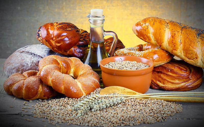 Bread, grain, oil, food, HD wallpaper