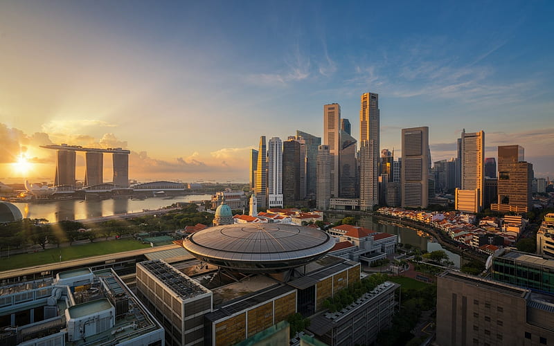 Singapore, Marina Bay Sands, morning, sunrise, skyscrapers, business centers, cityscape, HD wallpaper