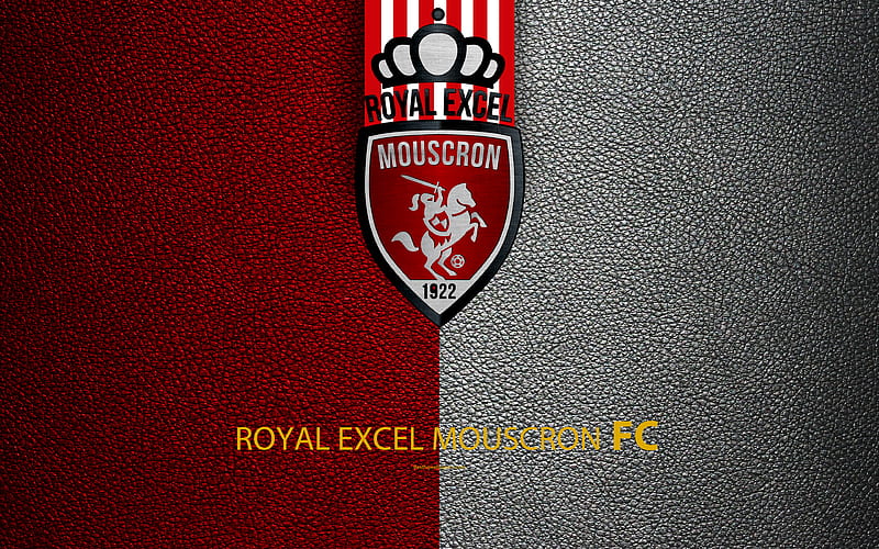 Royal Excel Mouscron FC Belgian Football Club, logo, Jupiler Pro League, leather texture, Mouscron, Belgium, Belgian First Division A, football, HD wallpaper