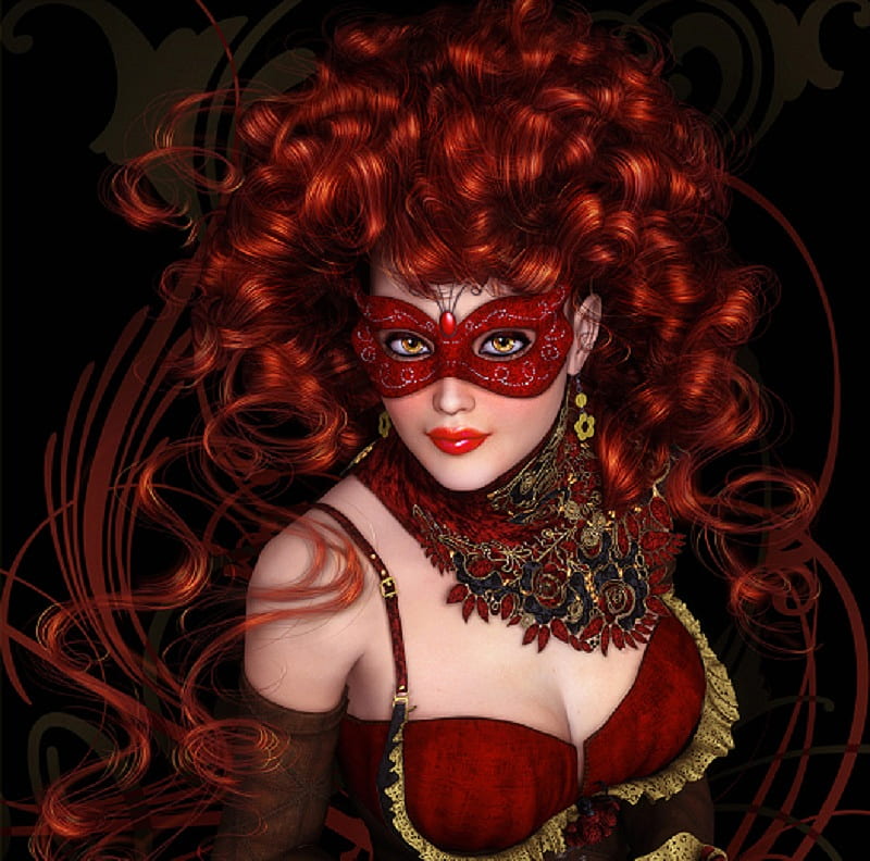 Let's Party, red, curly hair, lace, woman, lipstick, fantasy, wisps, wild, party, masque, female, model, earrings, red hair, girl, scarf, eyes, mask, HD wallpaper
