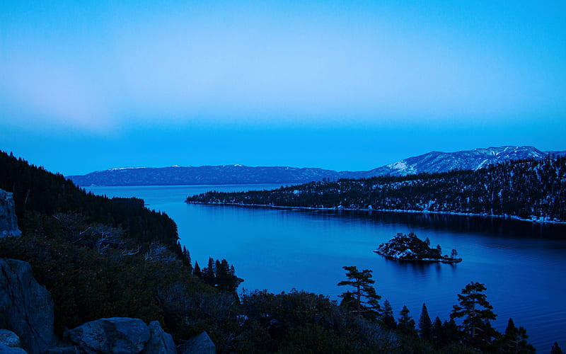 Emerald Bay, Lake Tahoe, before sunrise, trees, sky, mountains, water, usa, california, HD wallpaper