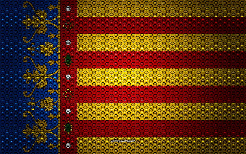 Flag of Valencia creative art, metal mesh texture, Valencia flag, national symbol, provinces of Spain, Valencia, Spain, Europe, HD wallpaper