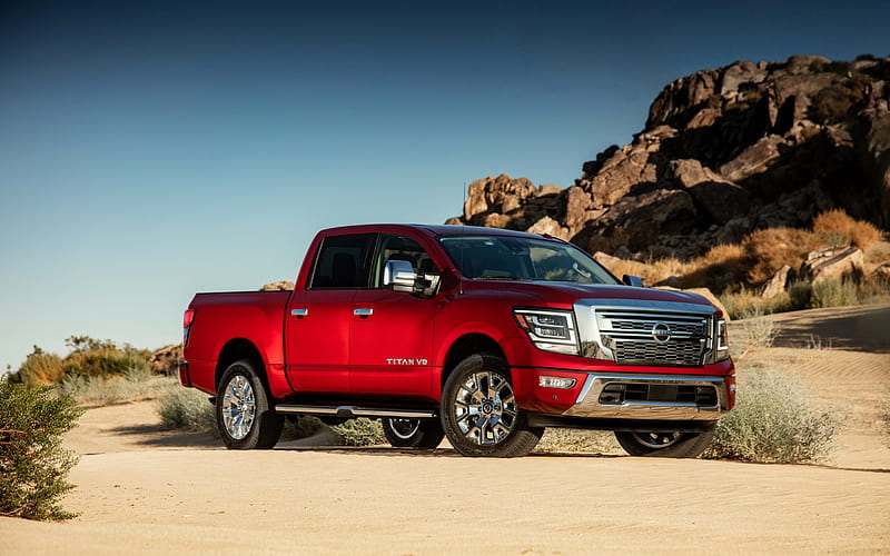 Nissan Titan, 2020, 4x4, front view, exterior, red pickup truck, new red Titan 2020, japanese cars, Nissan, HD wallpaper