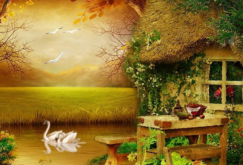 Enchanted House, home, swans, golden, enchanted, HD wallpaper