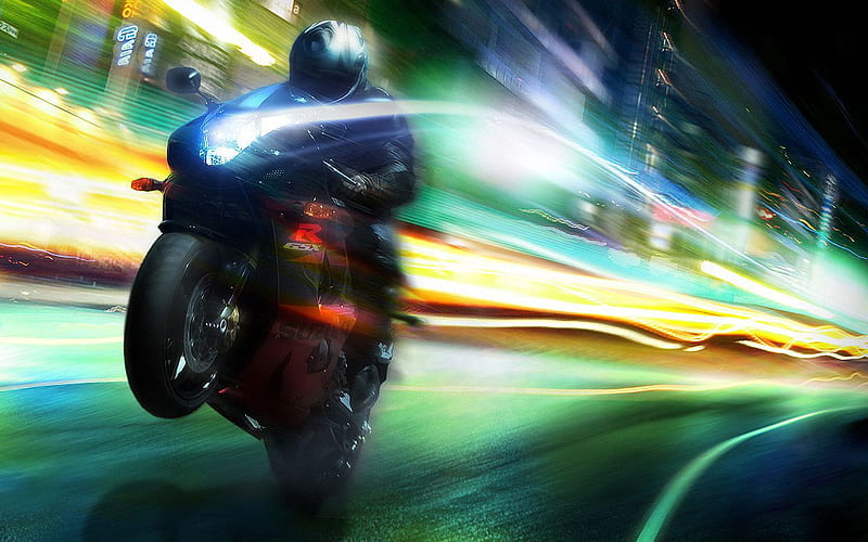 Motorcycle racer, speed, racing, bike, racer, street, lights, motorcycle, HD wallpaper
