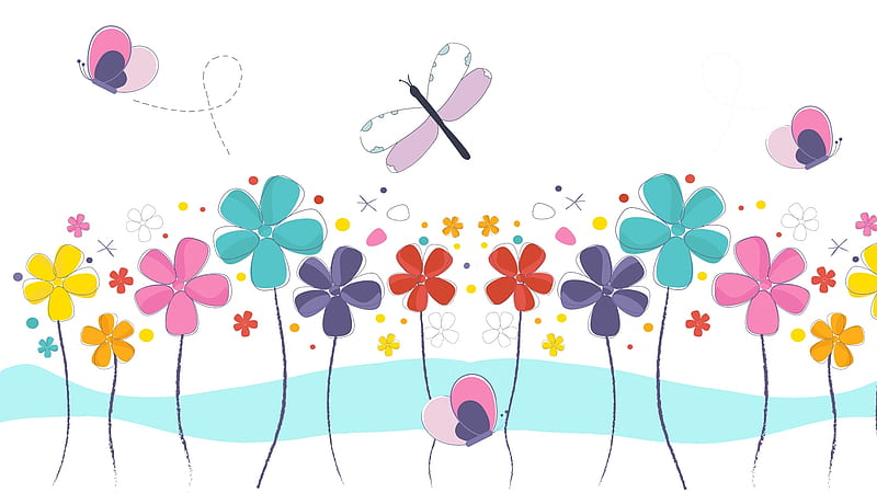 Summer Art, draw, art, dragonfly, summer, flowers, spring, butterflies, Firefox Persona theme, HD wallpaper
