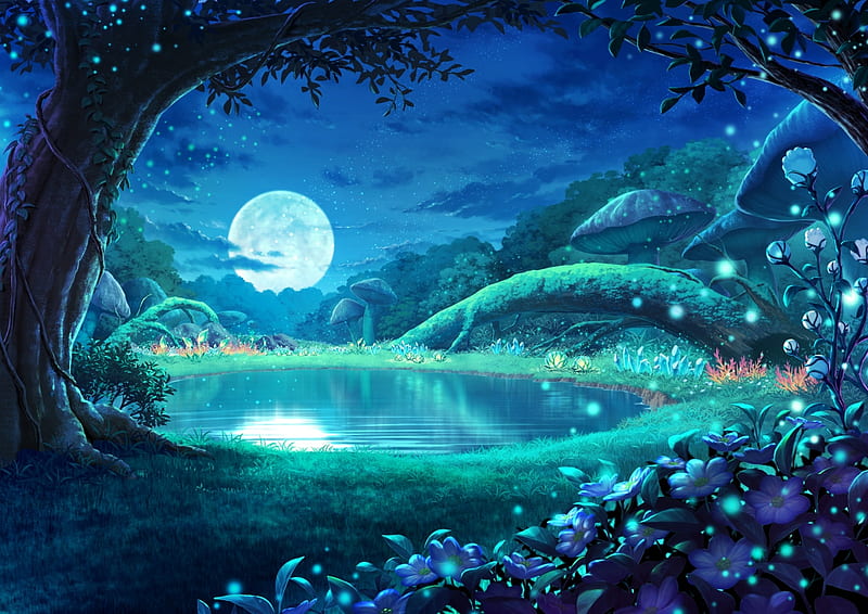 anime landscape, moonlight, forest, reflection, mushrooms, stars, night, Anime, HD wallpaper