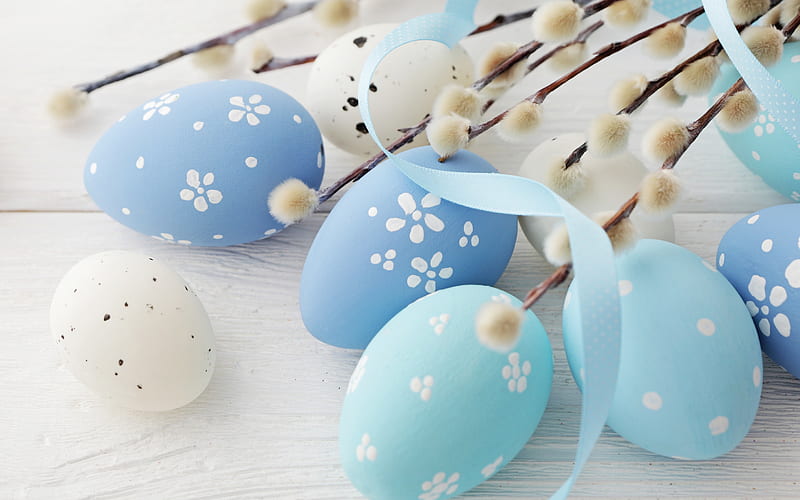 Blue Easter eggs, white wooden background, painted eggs, Easter concepts, spring, willow branches, HD wallpaper