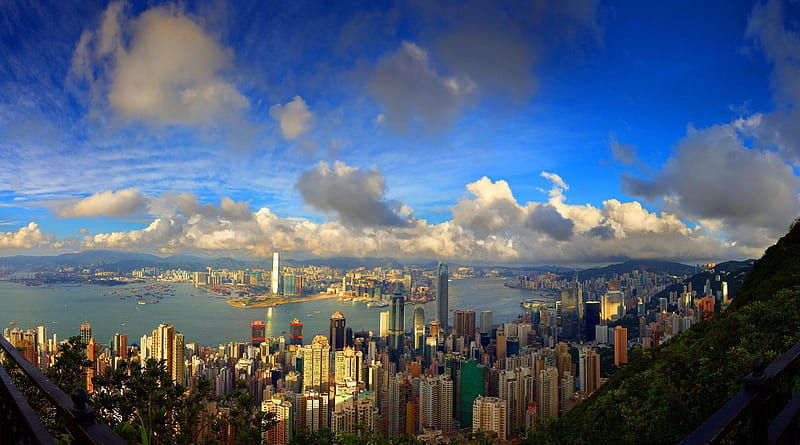awesome view of hong kong, city, bay, clouds, view, HD wallpaper