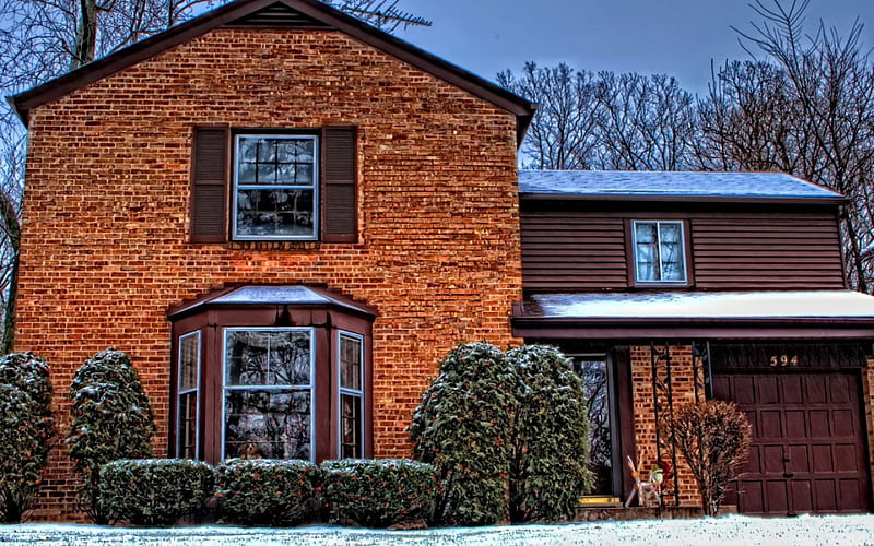 Brick house, Sky, Tree, Brick, Snow, House, Winter, HD wallpaper