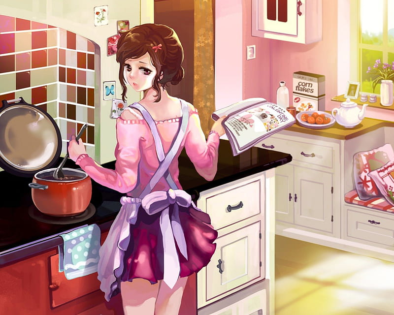 Kitchen, cooking, drawer, book, pot, anime, hot, anime girl, tea pot, apron, long hair, female, food, brown hair, ribbon, sexy, cute, girl, cook, HD wallpaper
