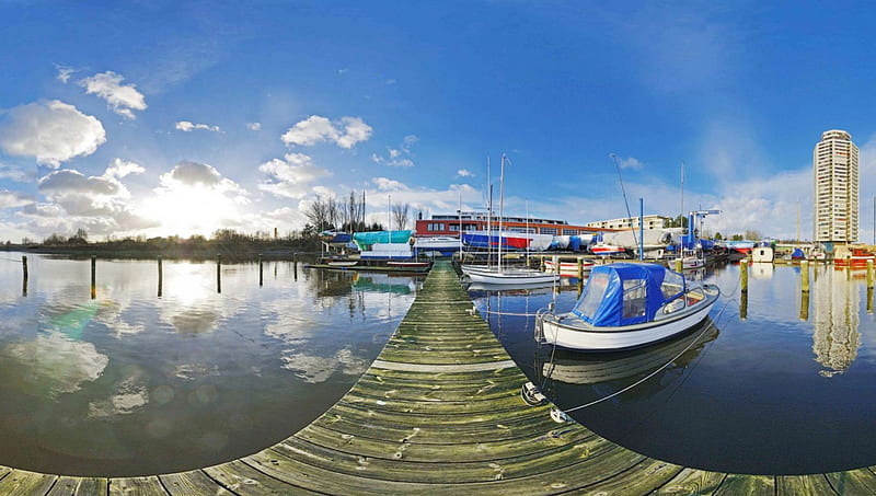 fisheye view of a lovely boat dock, fisheye, city, boats, dock, harbor, HD wallpaper