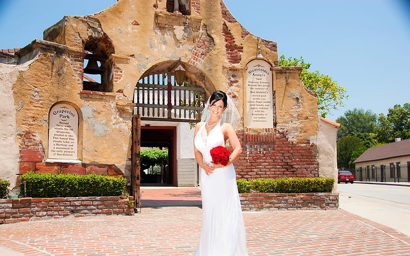 Beautiful Spanish Bride, red roses, road bride, bouquet, bonito, grapevine park, spain, HD wallpaper