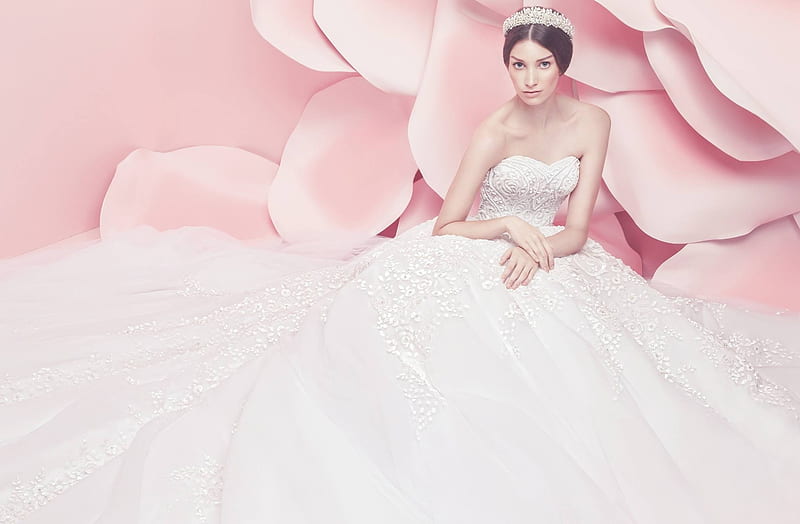 Bride, dress, model, rose, michael cinco, woman, girl, white, pink, HD wallpaper