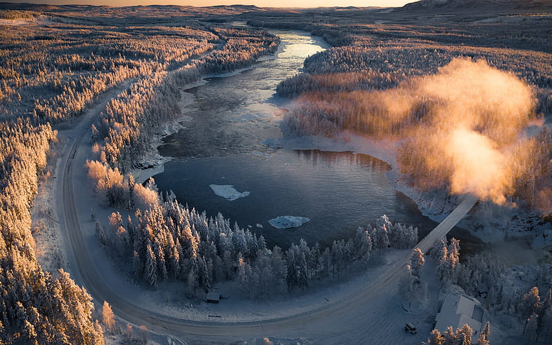 Kalix River, Norrbottens, winter, snow, winter landscape, forest, evening, sunset, Sweden, HD wallpaper