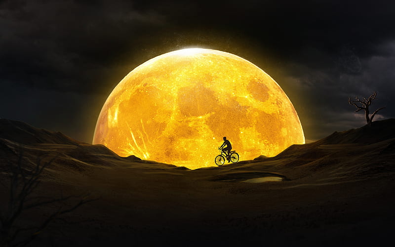 yellow moon, man, bicycle, surface, Sci-fi, HD wallpaper