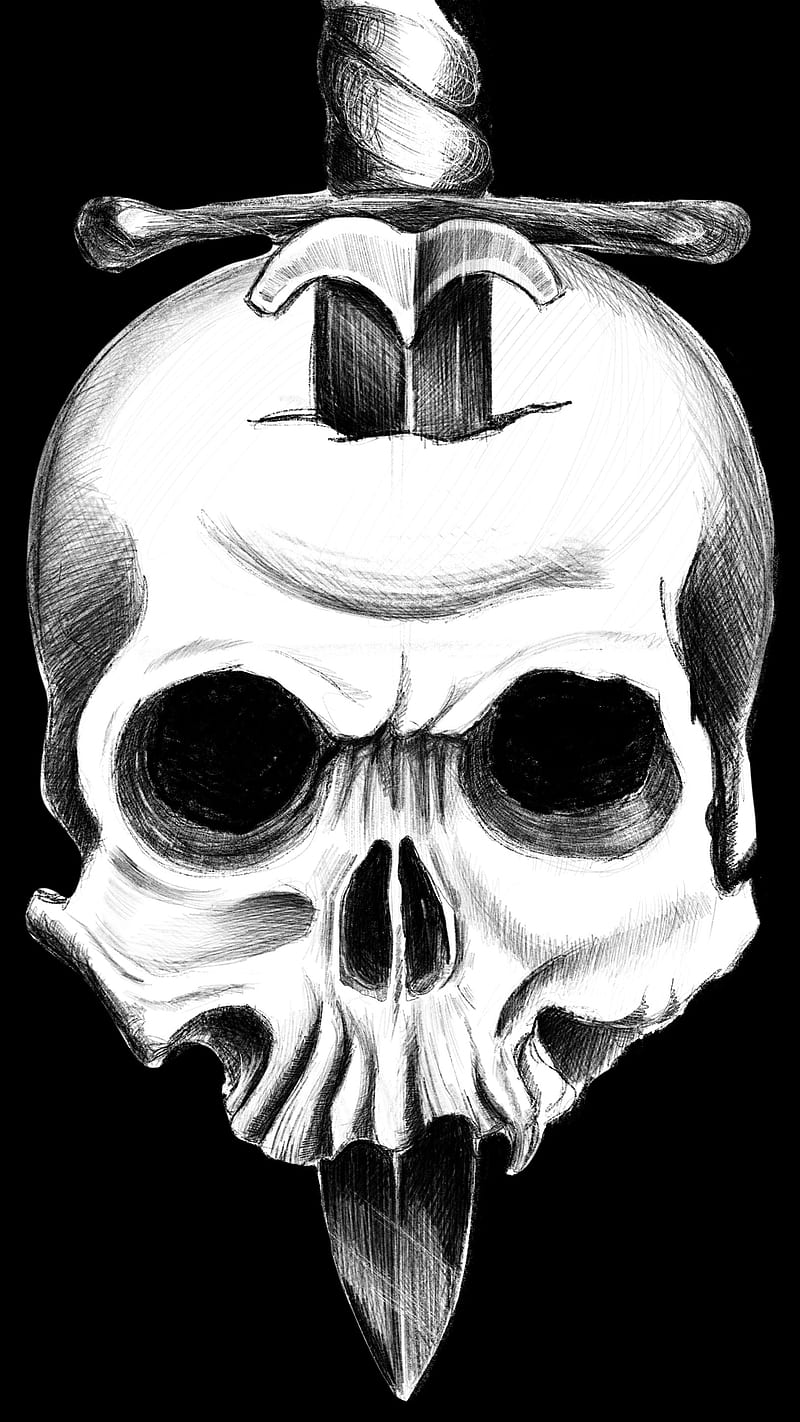 Black skull, Black, Skull, art, bone, illustration, simple, sketch, white, HD phone wallpaper