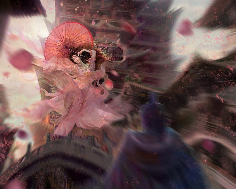 Magic of Cherry Blossom, pretty, cg, magic, cherry blossom, sweet, fantasy, hot, beauty, fast, female, wind, smile, sexy, 3d, cool, japanese clothes, flying, dance, fan, HD wallpaper