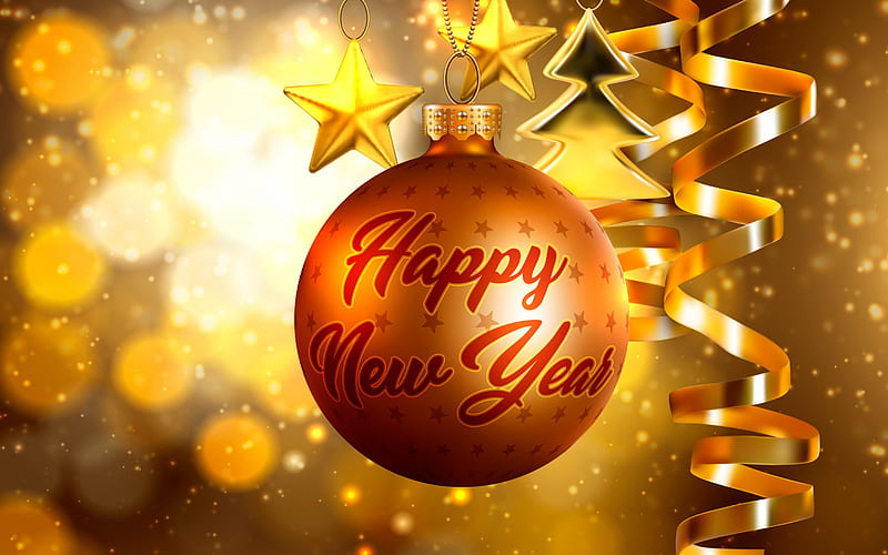 Happy New Year, 2018, golden silk ribbons, Christmas ball, evening, HD wallpaper
