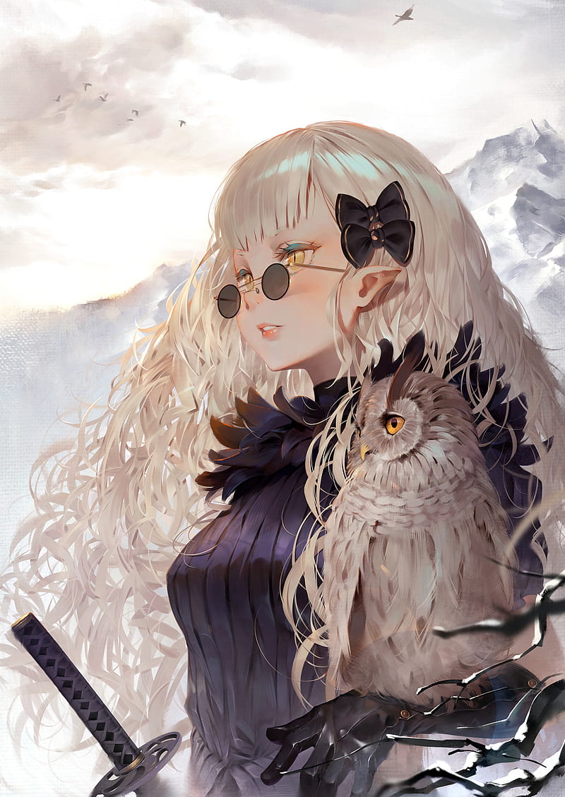anime, anime girls, mountains, sword, katana, gloves, owl, yellow eyes, pointy ears, glasses, hair ornament, long hair, white hair, blushing, bangs, looking into the distance, birds, hair bows, parted lips, sweater, original characters, women, women with glasses, Chika Toriumi, HD phone wallpaper