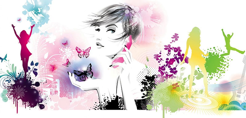 Calling, butterfly, guitar, girl, phone, colours, butterflies, fashion, HD wallpaper
