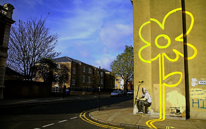 Banksy Flower Power, art, banksy, flower, painter, graffiti, HD wallpaper