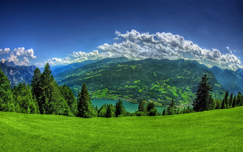 Green Meadow And Mountains, Mountains, Meadow, Green, Nature, Clouds, HD wallpaper