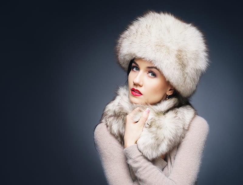 Beauty, girl, model, white, woman, fur, winter, hat, HD wallpaper