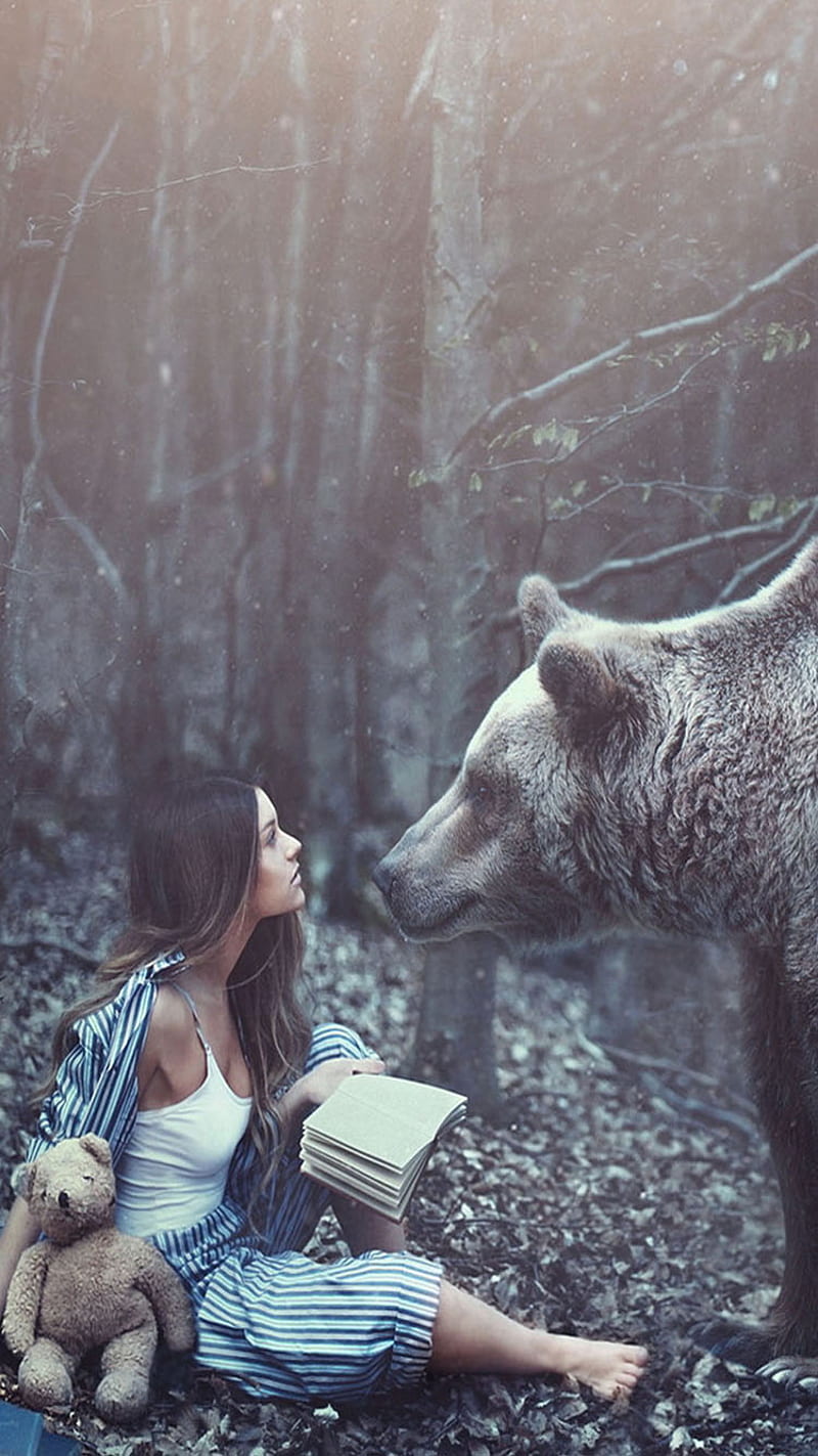 Bear, forest, girl, HD phone wallpaper