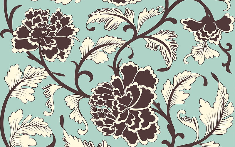 brown flowers retro texture, blue background, retro flowers background, retro floral texture, floral ornaments, retro backgrounds, HD wallpaper