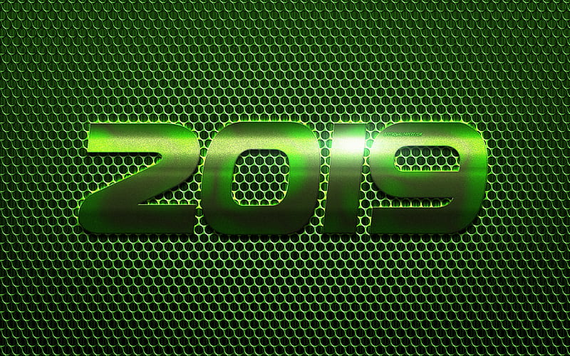 2019 Year, green metal grid, 2019 green background, Happy New Year, metal texture, art, 2019 concepts, steel letters, HD wallpaper