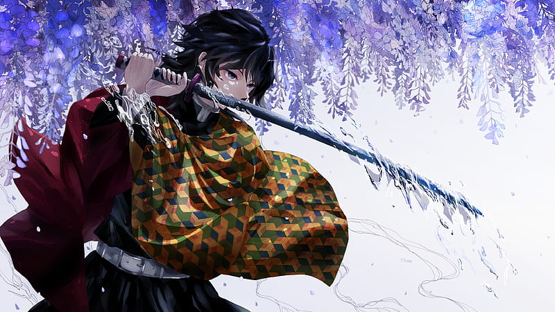 Demon Slayer Giyuu Tomioka With A Long Sharp Sword Under Purple Flowers Anime, HD wallpaper