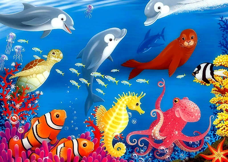 ★Ocean Life★, sea life, pretty, colorful, oceans, scenic, octopus, attractions in dreams, bonito, most ed, seasons, paintings, dolphins, animals, turtles, underwater, fishes, lovely, anemones, colors, love four seasons, creative pre-made, seahorses, seals, starfish, summer, nature, jellyfish, HD wallpaper