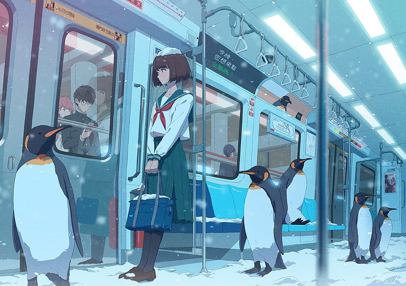 anime school girl, penguins, train, school uniform, snow, brown hair, Anime, HD wallpaper