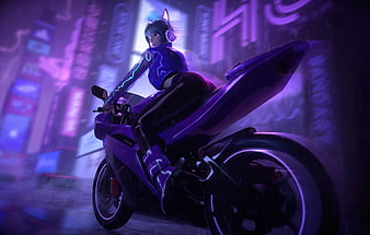 Beautiful Female Cyberpunk Girl on Futuristic Motorbike · Creative