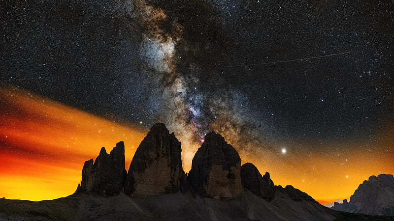 Milky Ways Setting Behind The Tre Cime Di Lavaredo , milky-way, nature, mountains, HD wallpaper