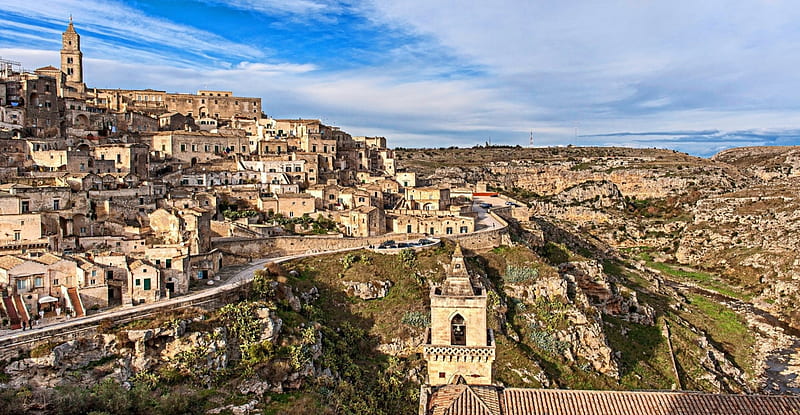 Matera_(Basilicata)_Italy, architecture, rocks, Italia, Italy, homes, ruins, old, clouds, nice, monument, landscapes, village, river, street, hills, ancient, view, town, colors, sky, trees, panorama, building, antique, medieval, castle, HD wallpaper