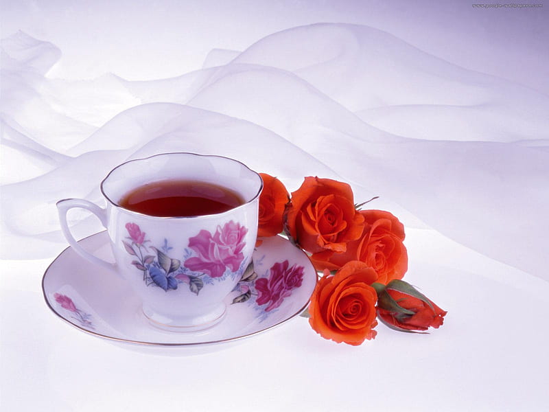roses & tea, red roses, bouquet, bonito, tea, teacup, HD wallpaper