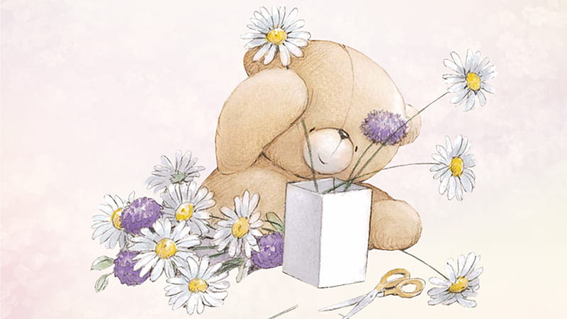 Teddy's Bouquet, cute, plush, bouquet, flowers, toy, vase, teddy bear, Firefox Persona theme, HD wallpaper