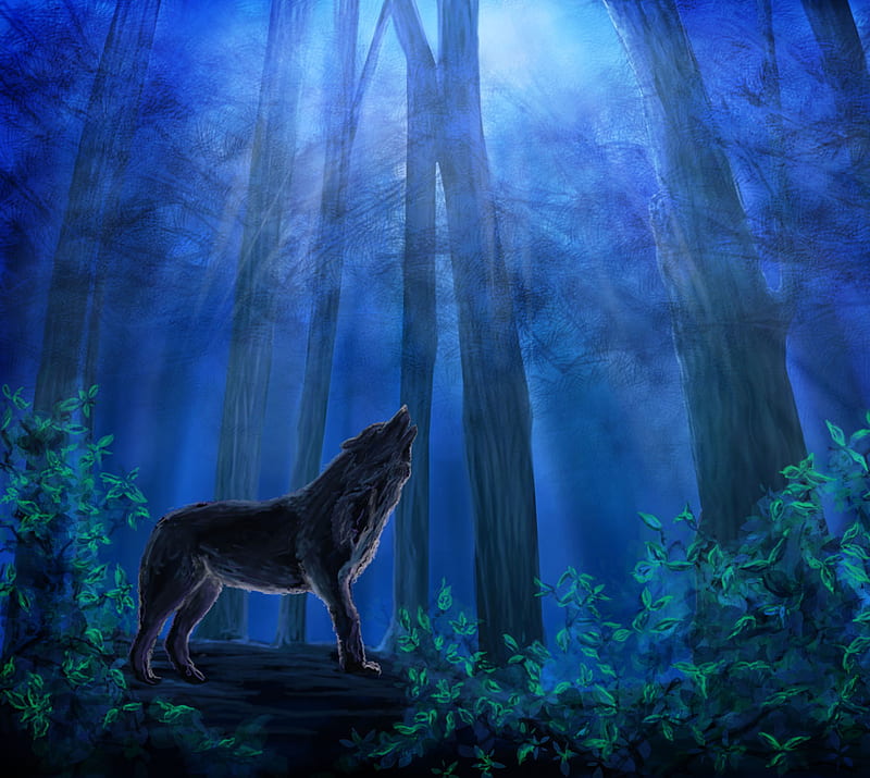 Wolf, animal, blue, night, painting, predator, trees, wood, HD wallpaper