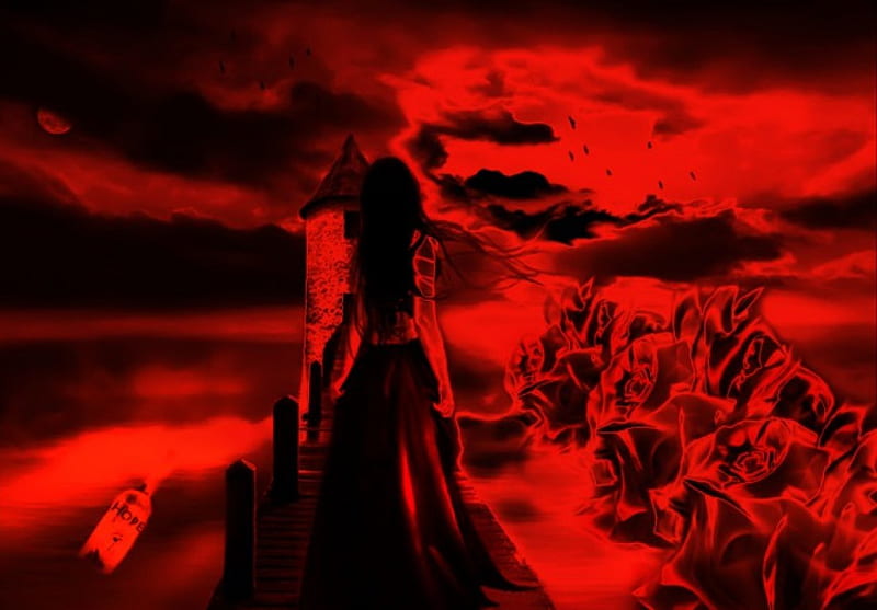 Just red..., red, bottle, roses, sky, clouds, sea, water, girl, bridge, castle, HD wallpaper
