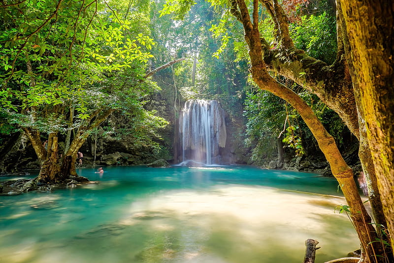 Erawan Waterfall, Kanchanaburi, Thailand, forest, water, river, sunshine, cascade, HD wallpaper