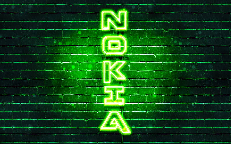 Nokia green logo, vertical text, green brickwall, Nokia neon logo, creative, Nokia logo, artwork, Nokia, HD wallpaper