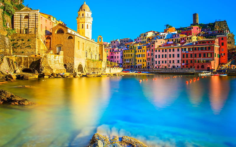 coast, sea, sunset, Vernazza, Liguria, Cinque Terre, Italy, HD wallpaper