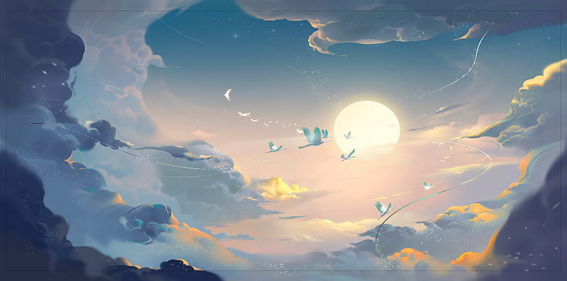 Moonlight, fantasy, moon, luminos, moon, butterfly, qian wei, sky, night, HD wallpaper