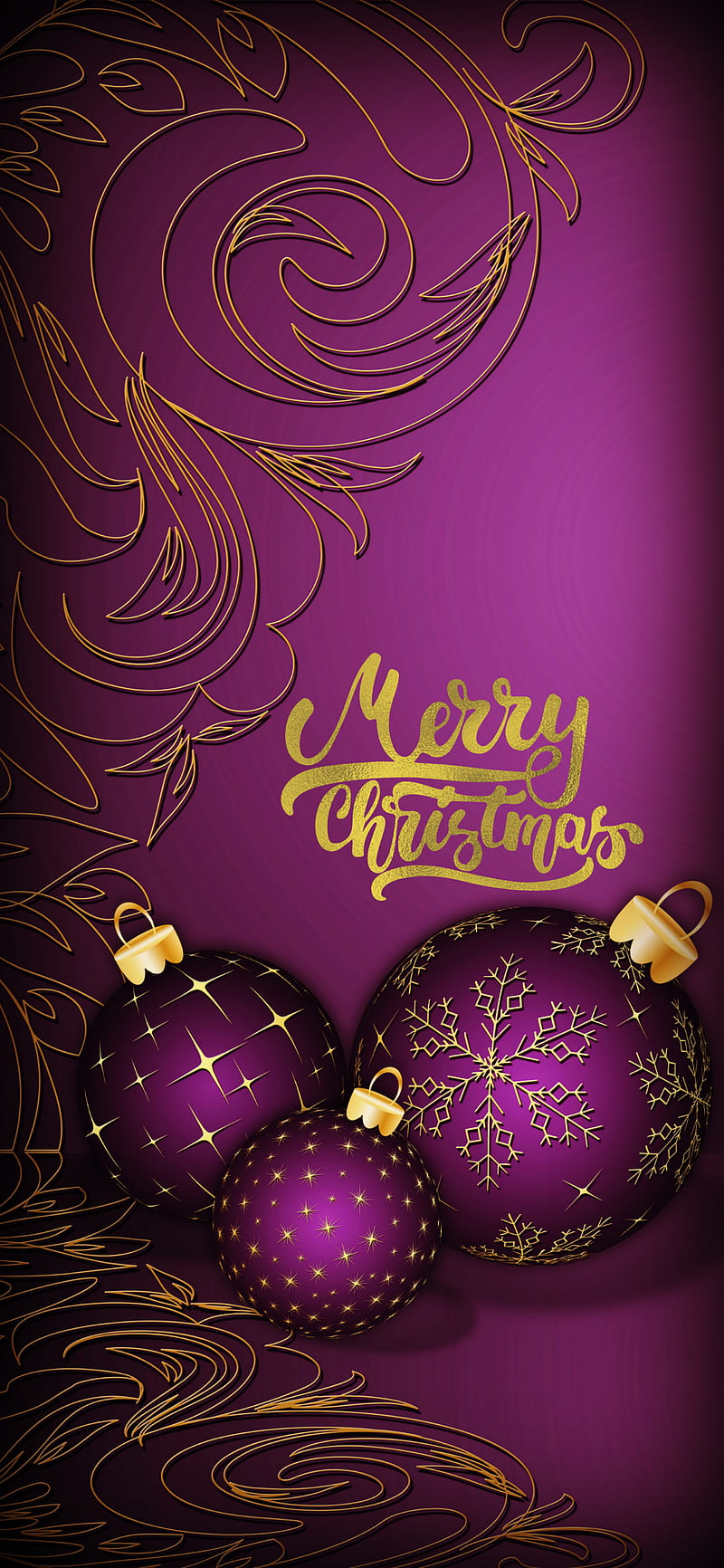 Merry Christmas, purple, gold, decoration, balls, season, HD phone wallpaper
