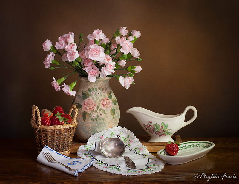 Food, Still Life, Basket, Berry, Carnation, Flower, Napkin, Strawberry, Vase, HD wallpaper
